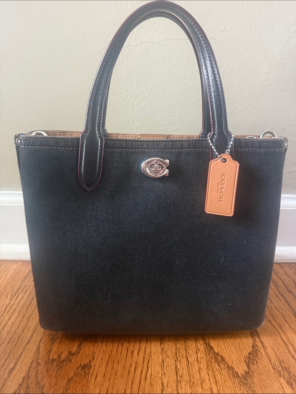 Coach Black Denim Small Tote with Tan Hang Tag and Silver Hardware